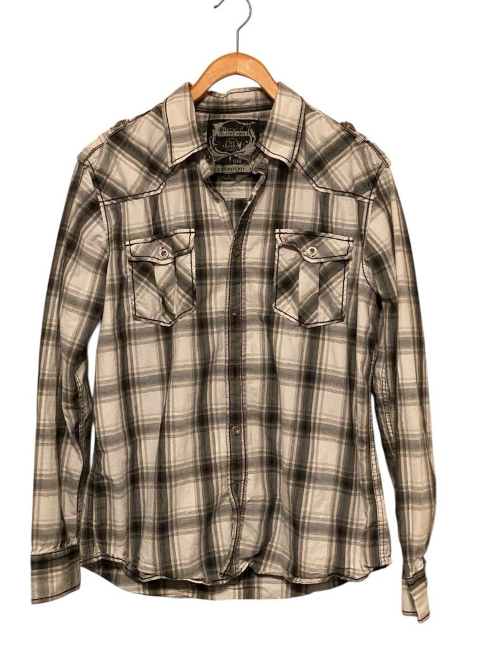 Black Label Gray Black Button Up Shirt Men's L Athletic Fit Long Sleeve